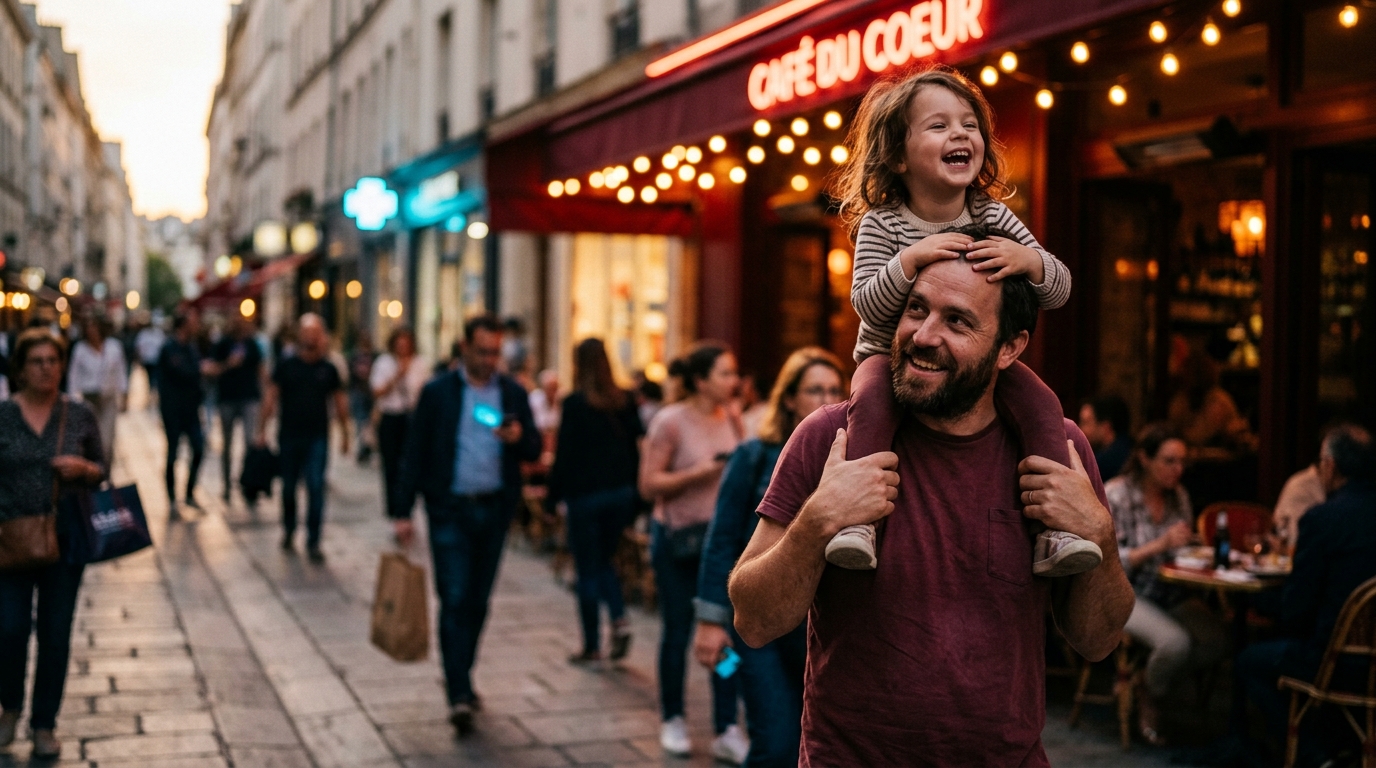 B2 Lesson 1 Feelings grammar — linking verbs, a father lifting his laughing daughter onto his shoulders on a warm lit-up city street at night