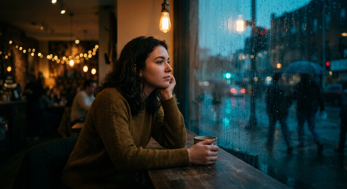 B2 Lesson 1 Feelings listening — close-up cinematic portrait of a person's face showing quiet, mixed emotion, warm dusk light