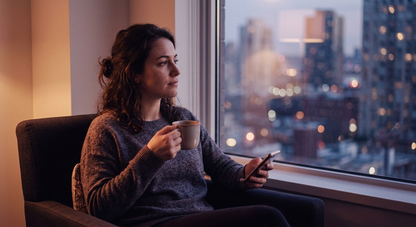B2 Lesson 1 Feelings reading — a woman by a window at dusk, phone held in one hand, reflecting on a tense and emotional week